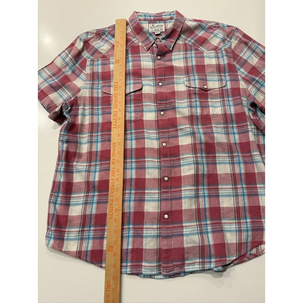 Lucky Brand Men's Red Blue White Plaid Pearl Snap Cotton Short Sleeve XXL_6